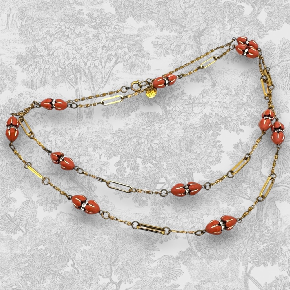 Nina Ricci 1980s Vintage Coral Bead & Rhinestone French Couture Fashion Necklace